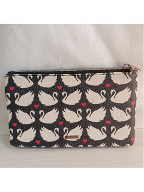RELIC Faux Leather Zip Wallet Cell Phone Holder 7.25" x 4.25" Swan Heart Print